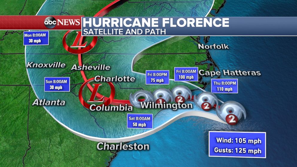 PHOTO: Map shows the projected path of Hurricane Florence as of 11am, Sept. 13, 2018.