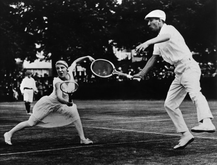 Suzanne Lenglen and Ren&eacute; Lacoste play mixed doubles in the 1920s.
