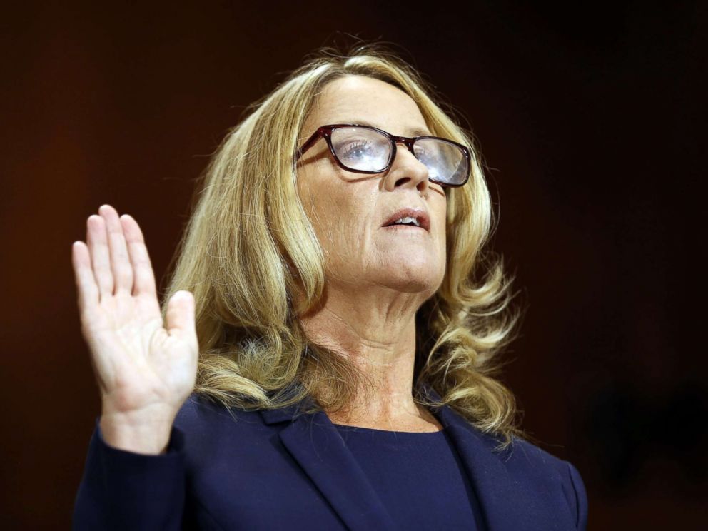 PHOTO: Professor Christine Blasey Ford is sworn in to testify before a Senate Judiciary Committee confirmation hearing for Kavanaugh on Capitol Hill, in Washington, Sept. 27, 2018.