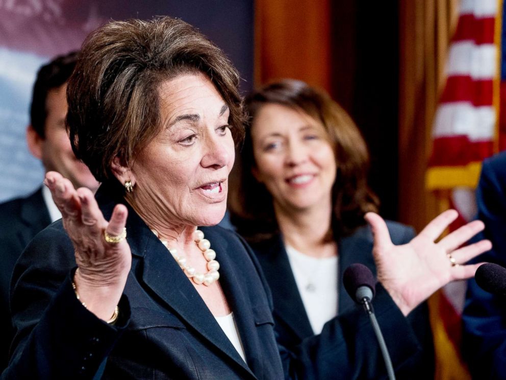 PHOTO: Rep. Anna Eshoo, D-Calif., accompanied by Sen. Maria Cantwell, right, and other Democratic congressmen, speaks at a news conference on Capitol Hill in Washington, May 16, 2018.