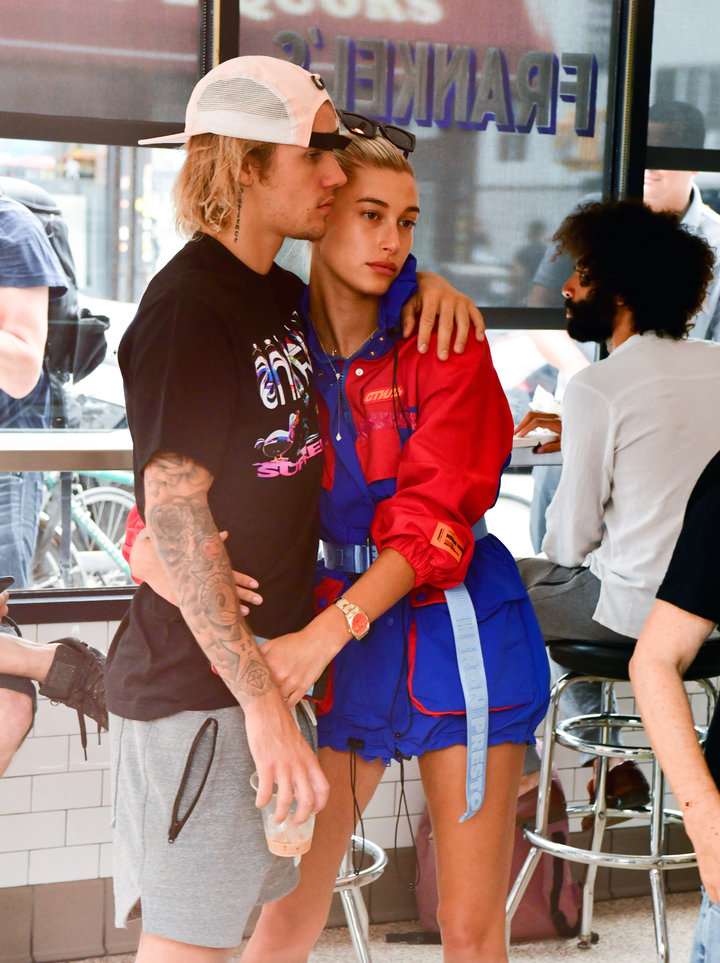 Justin Bieber and Hailey Baldwin visit Frankel's Delicatessen in Brooklyn.