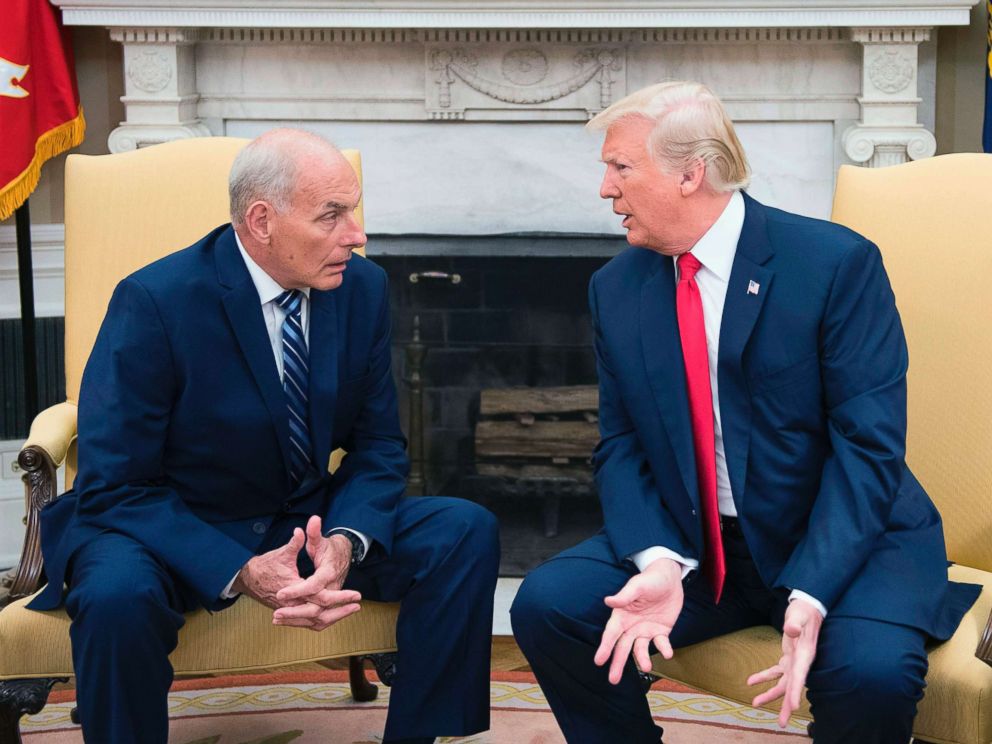 PHOTO: In this file photo, President Donald Trump (R) speaks with newly sworn-in White House Chief of Staff John Kelly at the White House in Washington, DC, July 31, 2017.