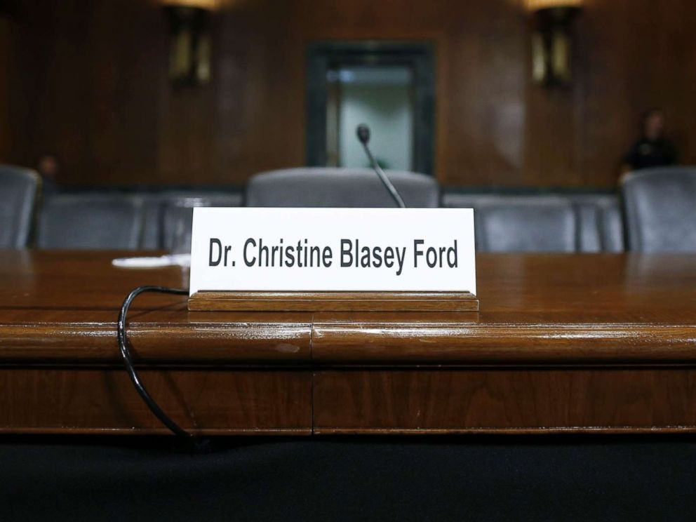 PHOTO: A sign indicates where witness Dr. Christine Blasey Ford will sit to speak to the Senate Judiciary Committee hearing on the nomination of Brett Kavanaugh to the Supreme Court in Washington, Sept. 27, 2018.