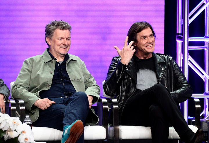 Director Michel Gondry and actor Jim Carrey at a press appearance for "Kidding" in August.