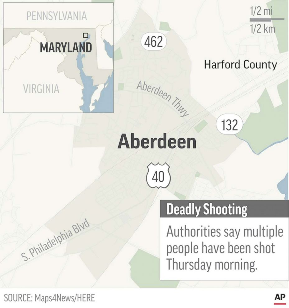 PHOTO: Map locates Aberdeen, Maryland, where a mass shooting has been reported.