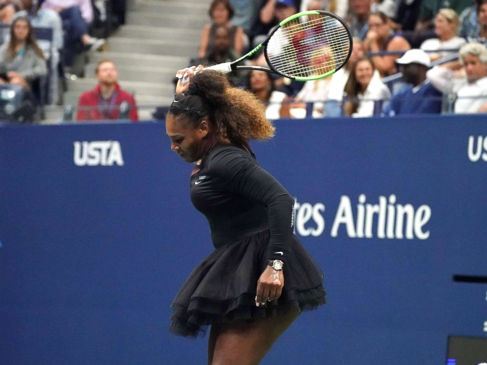 PHOTO: Serena Williams smashes her racket while playing against Naomi Osaka of Japan during their Womens Singles Finals match at the 2018 US Open in New York, Sept. 8, 2018.