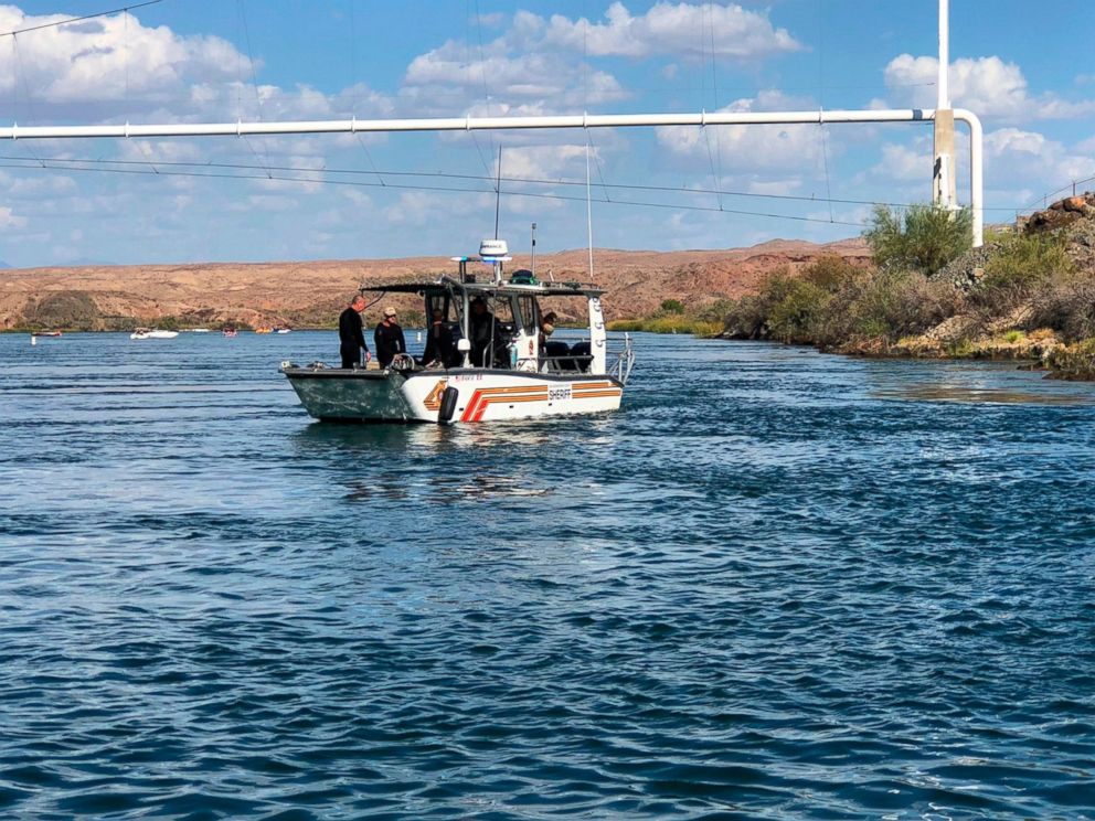 In this photo released by the San Bernardino County, Calif., Sheriffs Office, shows search and recovery operations Monday, Sept. 3, 2018, for three people missing after two boats collided Saturday evening on the Colorado River near Topock, Ariz.