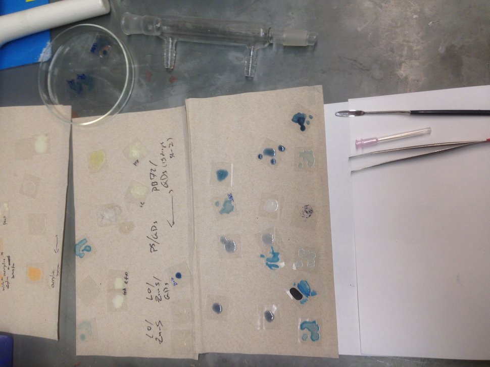 A sample of in-progress pigments being examined in the laboratory. A small sample of Quantum Blue.