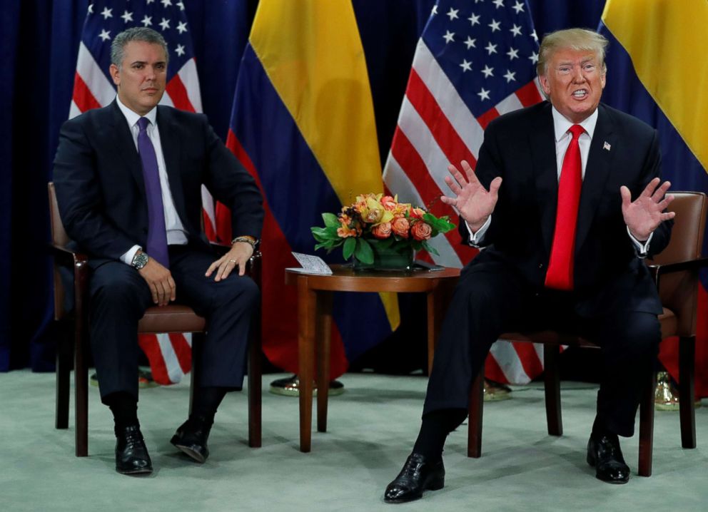 PHOTO: President Donald Trump speaks at a bilateral meeting with Colombias President Ivan Duque during the 73rd session of the United Nations General Assembly at U.N. headquarters in New York, Sept. 25, 2018.