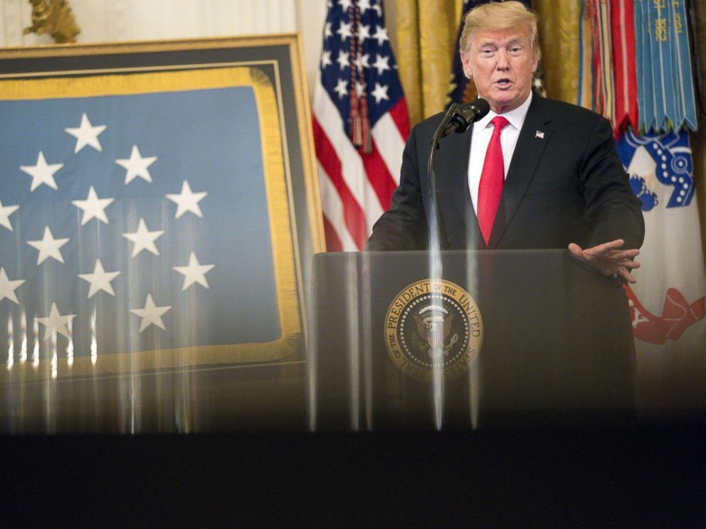 PHOTO: President Donald Trump speaks during the Congressional Medal of Honor Society reception in the East Room of the White House in Washington, D.C., U.S., Sept. 12, 2018.
