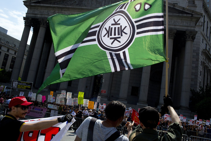 A Kekistan flag at an anti-Muslim rally in New York on June 10, 2017.&nbsp;