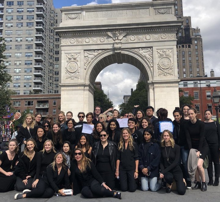 Women gather in Washington Square Park in New York during the walkout in support of Brett Kavanaugh's accusers and sexual ass