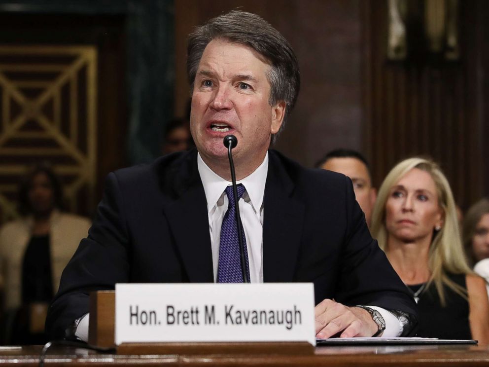 PHOTO: Judge Brett Kavanaugh testifies to the Senate Judiciary Committee during his Supreme Court confirmation hearing in the Dirksen Senate Office Building on Capitol Hill, Sept. 27, 2018 in Washington.