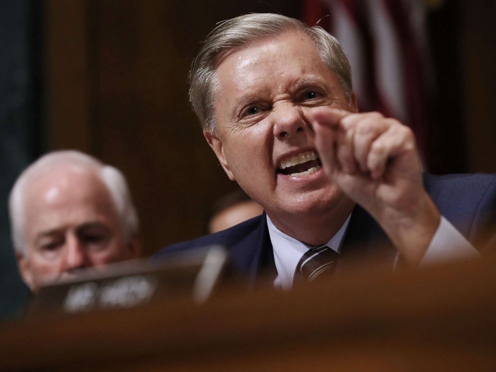 PHOTO: Senate Judiciary Committee member Sen. Lindsey Graham shouts while questioning Judge Brett Kavanaugh during his Supreme Court confirmation hearing on Capitol Hill, Sept. 27, 2018 in Washington.