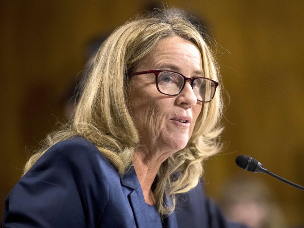 PHOTO: Christine Blasey Ford testifies during the Senate Judiciary Committee hearing on the nomination of Brett M. Kavanaugh to be an associate justice of the Supreme Court of the U.S., on Capitol Hill, Sept. 27, 2018, in Washington, DC.