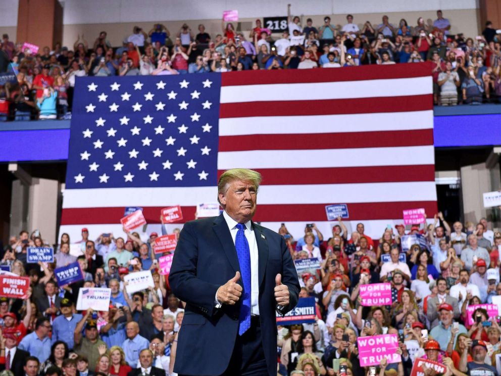 PHOTO: President Donald Trump arrives at a Make America Great Again rally at Landers Center in Southaven, Mississippi, Oct. 2, 2018.