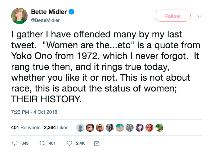 Bette Midler defended the use of the word two hours after her original tweet.
