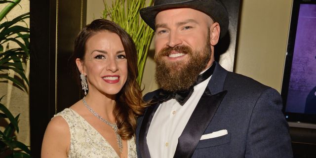 Recording artist Zac Brown, right and his wife Shelly Brown pose backstage during "Sinatra 100: An All-Star GRAMMY Concert" celebrating the late Frank Sinatra's 100th birthday at the Encore Theater at Wynn Las Vegas on December 2, 2015 in Las Vegas, Nevada.