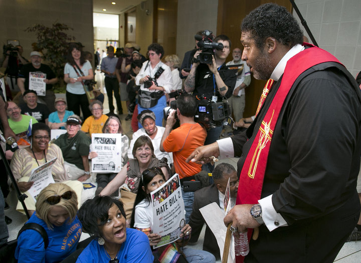 Barber leads a sit-in at the State Legislative Building in Raleigh in 2016.