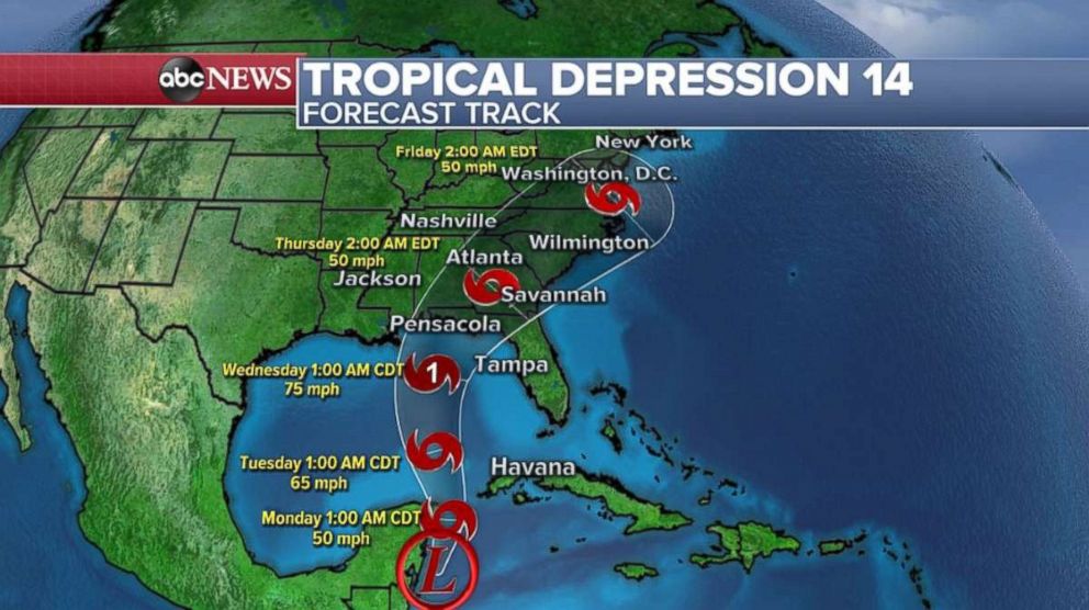 PHOTO: The path for Tropical Depression 14, which should strengthen into Tropical Storm Michael later Sunday, takes it into the Gulf Coast as a hurricane.