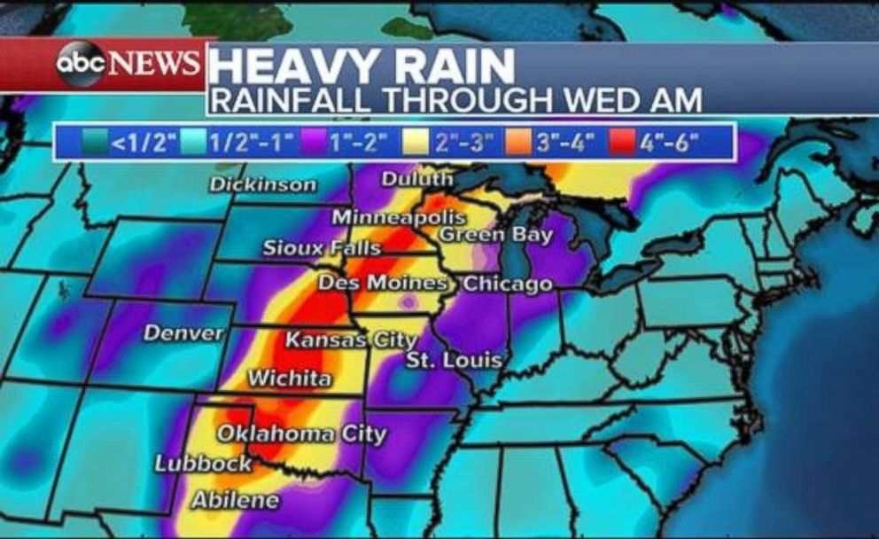 PHOTO: Rainfall totals will be highest throughout the Great Plains and stretching up to Minnesota and Wisconsin.