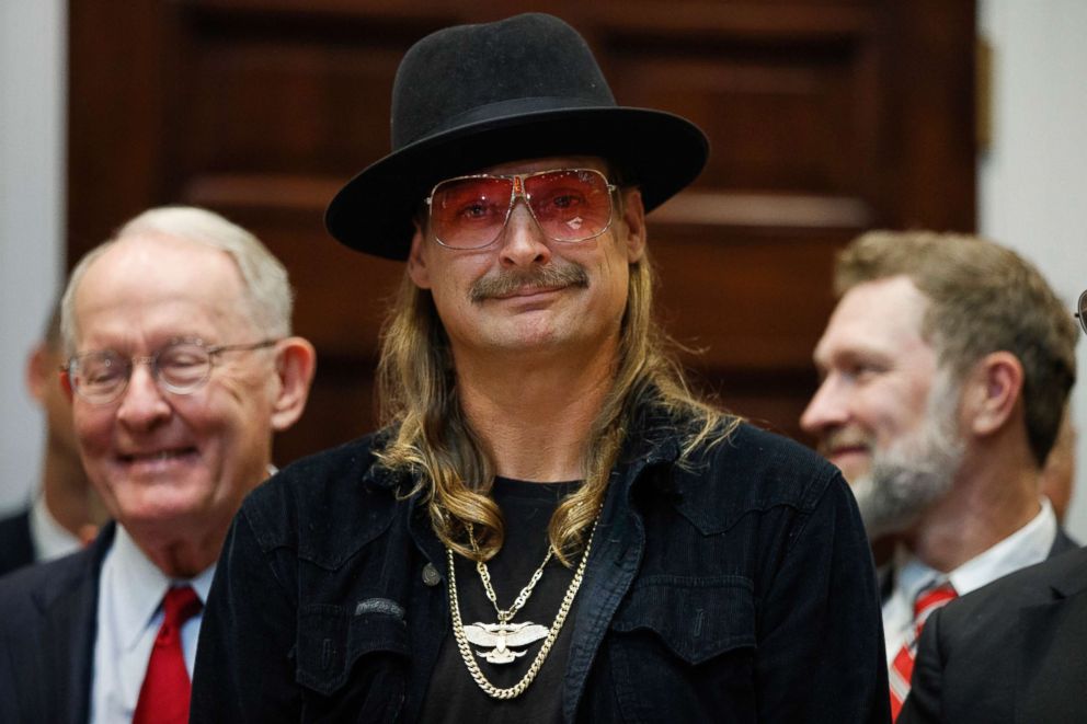 PHOTO: Musician Kid Rock listens as President Donald Trump speaks during a signing ceremony for the Orrin G. Hatch-Bob Goodlatte Music Modernization Act, in the Roosevelt Room of the White House, Oct. 11, 2018.
