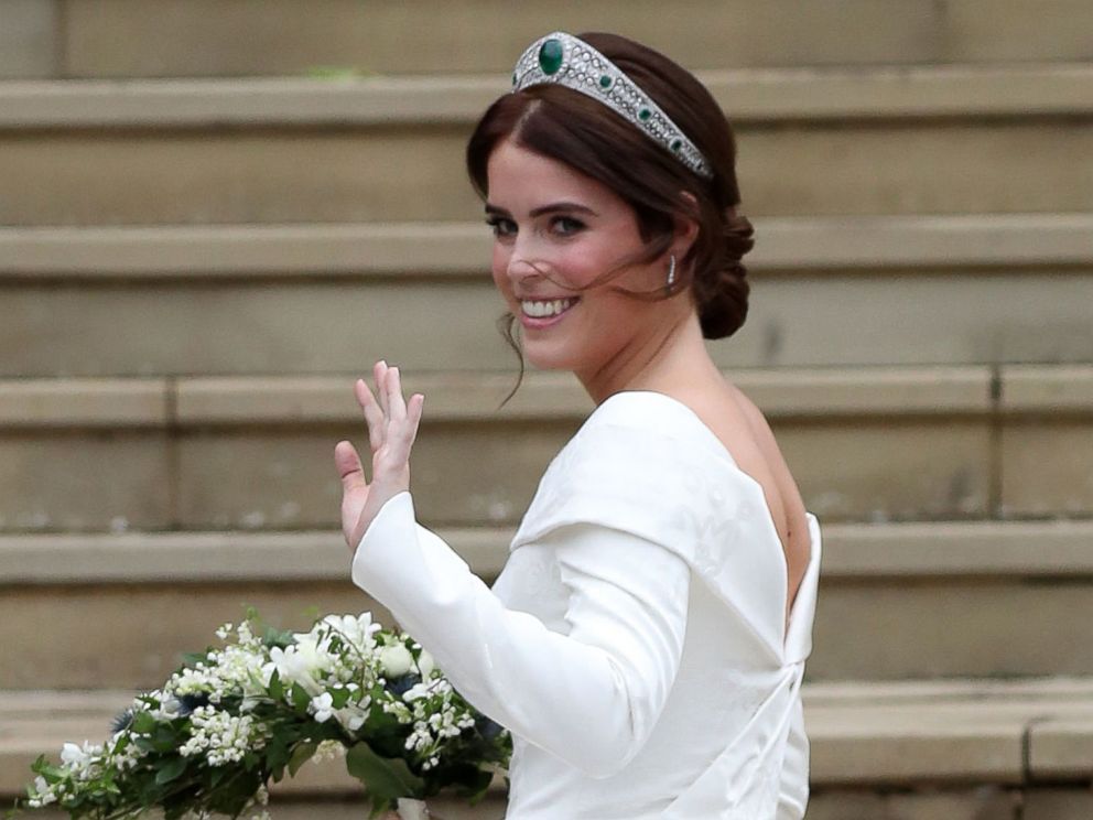PHOTO: Britains Princess Eugenie of York at the West Door of St Georges Chapel, Windsor Castle, in Windsor, Oct. 12, 2018, for her wedding to Jack Brooksbank.