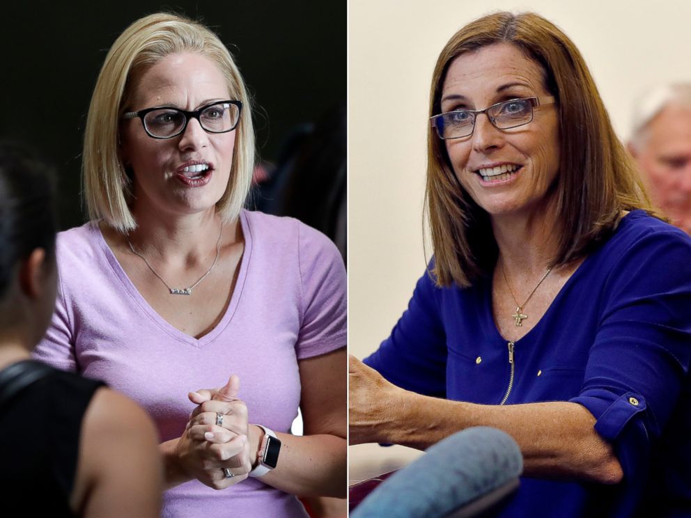 PHOTO: Pictured (L-R) are Rep. Kyrsten Sinema on Aug. 21, 2018 and Rep. Martha McSally on Oct. 3, 2018, in Phoenix.