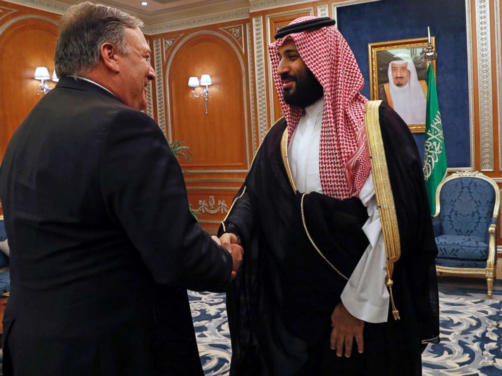 PHOTO: Secretary of State Mike Pompeo shakes hands with the Saudi Crown Prince Mohammed bin Salman in Riyadh, Saudi Arabia, Oct. 16, 2018.