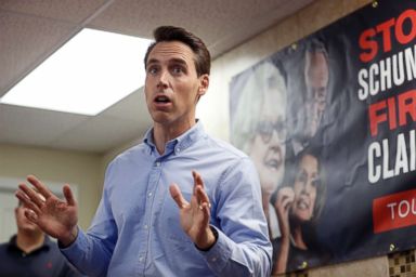 PHOTO: In this Sept. 27, 2018 file photo, Missouri Attorney General and Republican U.S. Senate candidate Josh Hawley speaks to supporters during a campaign stop in St. Charles, Mo.