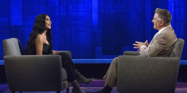 Host Alec Baldwin, right, speaking with Kim Kardashian during an appearance on "The Alec Baldwin Show."