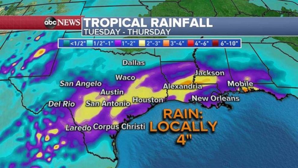 Local rainfalls throughout the South likely will be approaching 4 inches.