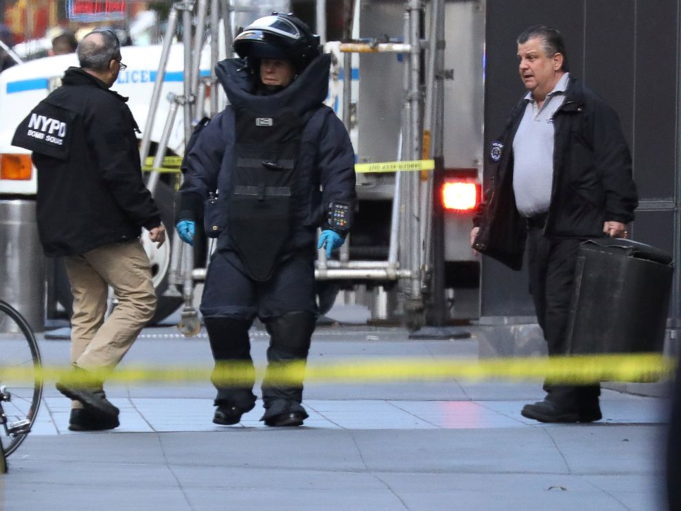 PHOTO: A member of the New York Police Department bomb squad is pictured outside the Time Warner Center in Manahattan, Oct. 24, 2018, after a suspicious package was found inside the CNN Headquarters in New York.