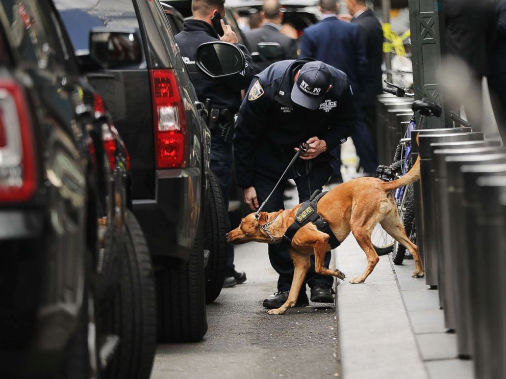 PHOTO: A police bomb-sniffing dog is deployed outside of the Time Warner Center after an explosive device was found this morning on Oct. 24, 2018 in New York.