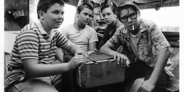 River Phoenix, second from left, with the cast of the 1986 movie "Stand By Me."