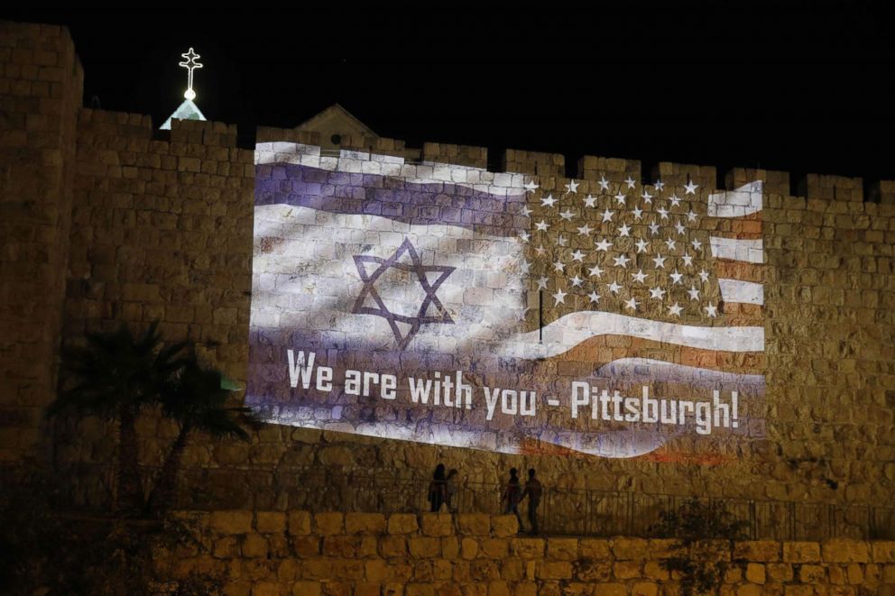 PHOTO: The U.S. and the Israeli flags are projected on the walls of Jerusalem old city, Oct. 28, 2018, to show solidarity with the Pittsburgh Jewish community following the shooting attack at the Tree of Life synagogue in Pittsburgh.