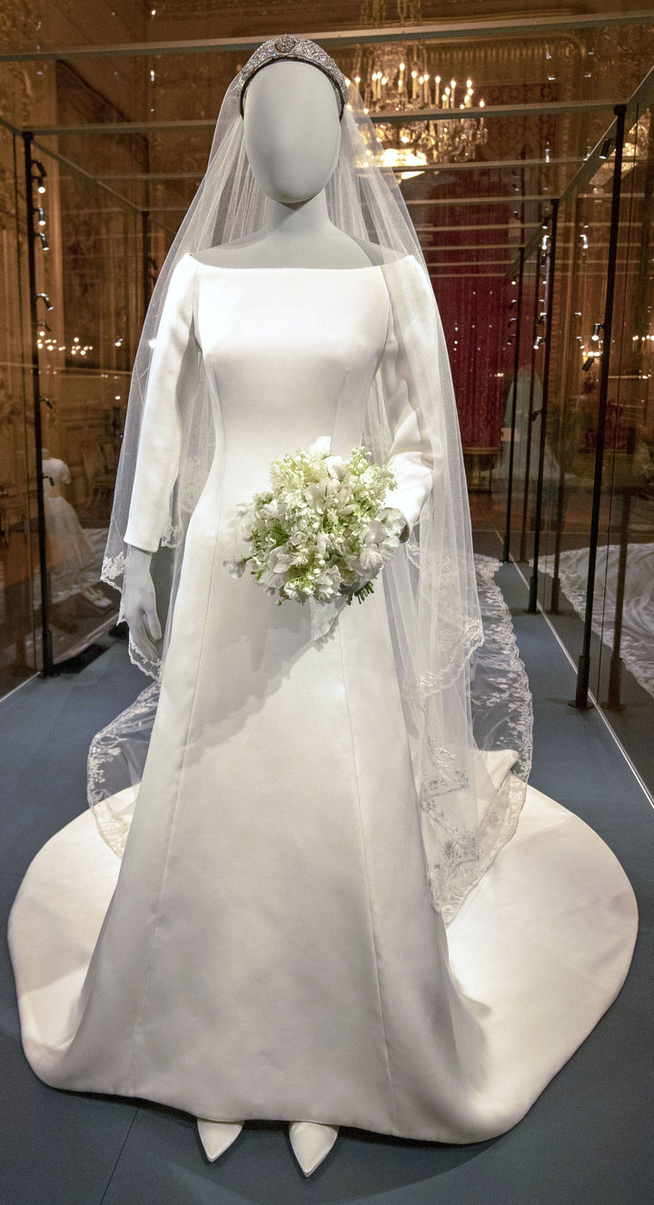 The Duchess of Sussex's gorgeous Givenchy gown and wedding bouquet on display.&nbsp;