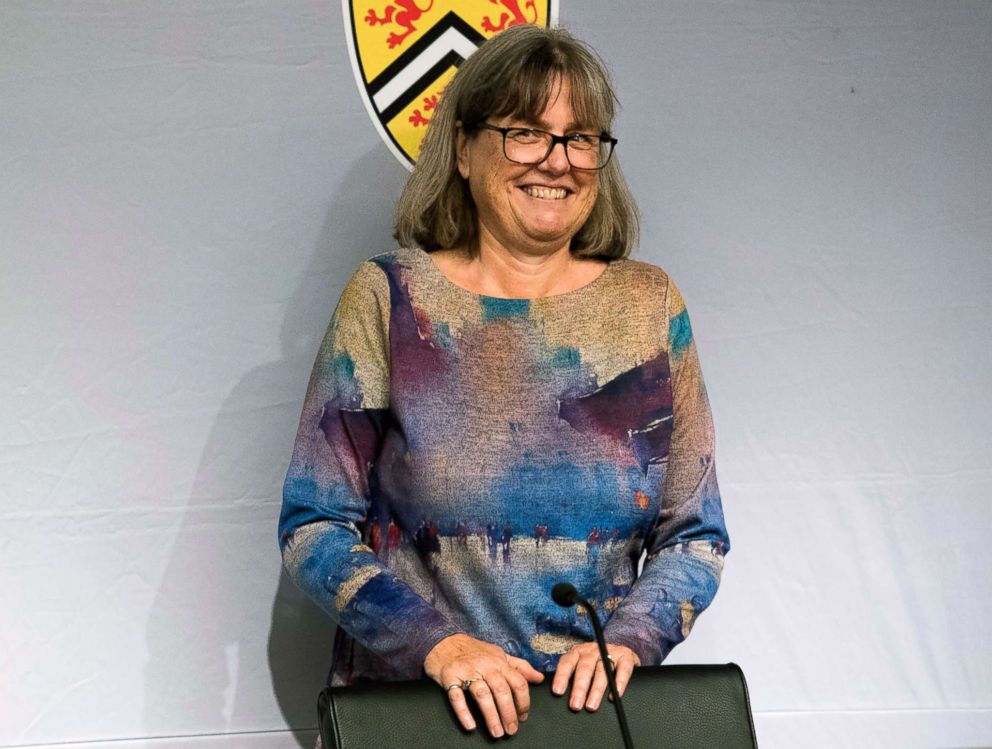 PHOTO: Noble Prize winner Donna Strickland smiles as she receives a standing ovation before speaking to the media during a press conference regarding her prestigious award in Waterloo, Ontario, Oct. 2, 2018.