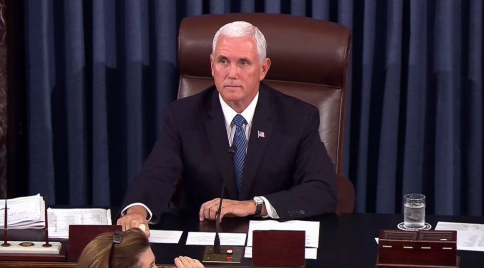 PHOTO: Vice President Mike Pence calls for the Sergeant at Arms to restore order in the Senate gallery as a protester yells during the start of the vote for the confirmation of Brett Kavanaugh to the Supreme Court in Washington, Oct. 6, 2018.