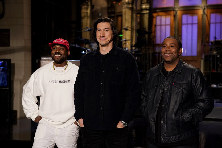 Kanye West, Adam Driver, Kenan Thompson in Studio 8H during a promo.
