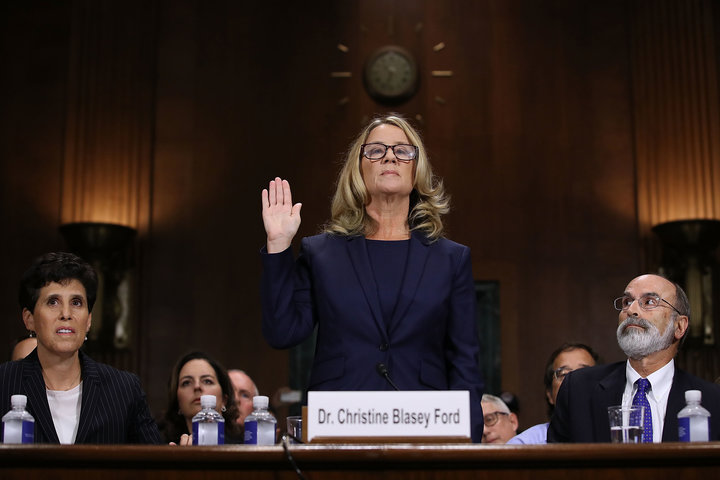 Christine Blasey Ford is sworn in before testifying the Senate Judiciary Committee on Sept. 27, 2018.