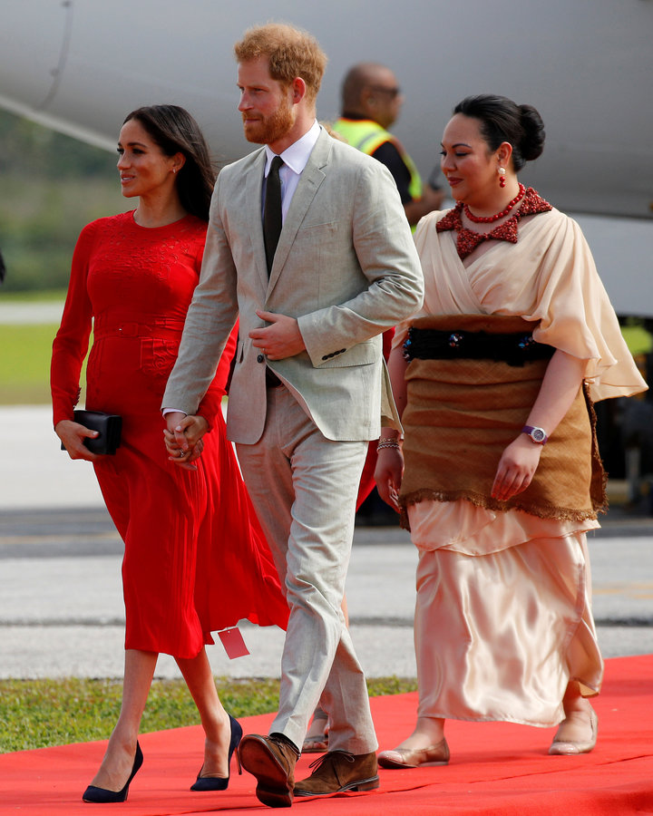 The Duchess of Sussex (and her label) with Prince Harry and Tonga's Princess Latufuipeka Angelika Tuku&rsquo;aho.