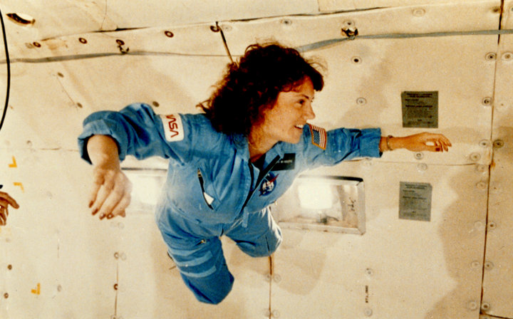 Christa McAuliffe suspends in the air during a training exercise on a "zero gravity" aircraft.&nbsp;