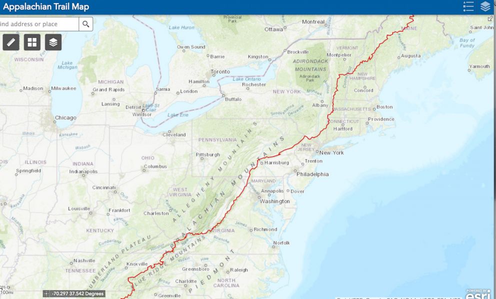 PHOTO: The National Park Service map of the Appalachian Trail on the east coast.