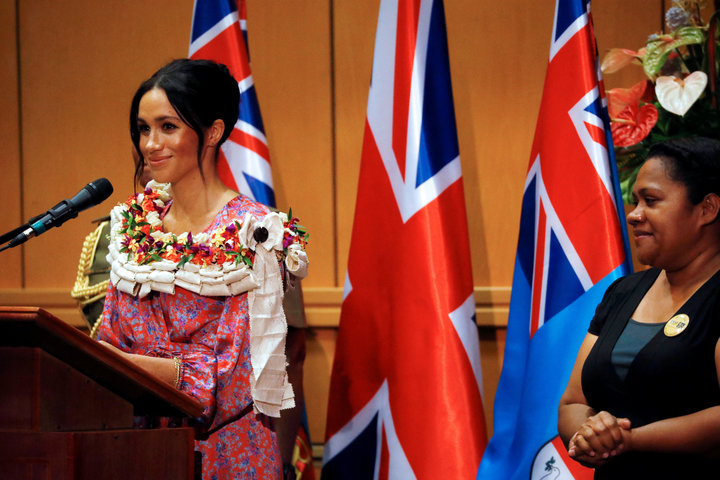 The Duchess of Sussex makes a speech during a visit to the University of the South Pacific in Suva, Fiji, on day two of the r