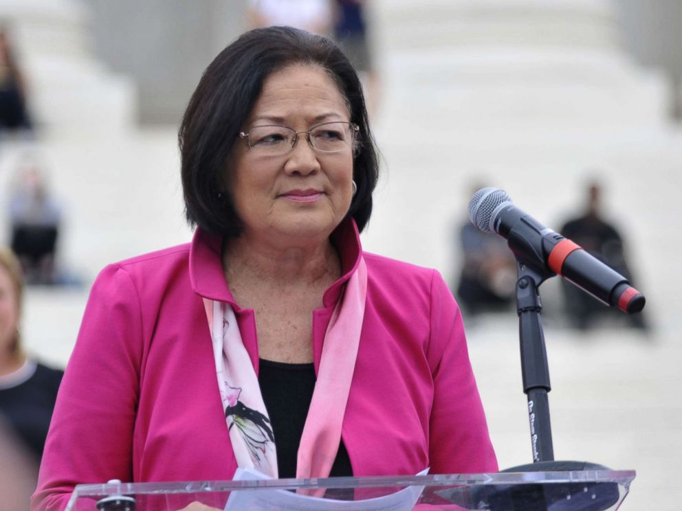 Sen. Mazie Hirono (D-HI) speaks to demonstrators gathered at the steps of the Supreme Court ahead of the expected confirmation of Judge Brett Kavanaugh, Oct. 6, 2018.