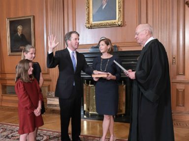 PHOTO: Retired Justice Anthony M. Kennedy, right, administers the Judicial Oath to Judge Brett Kavanaugh in the Justices Conference Room of the Supreme Court Building, Oct. 6, 2018.
