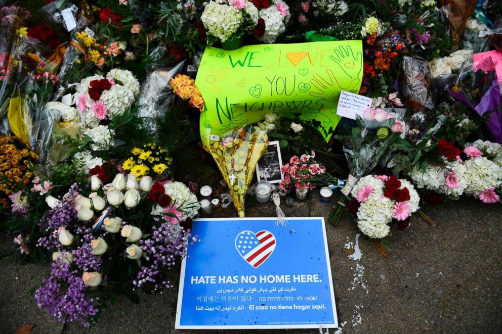 PHOTO: A memorial is seen on Oct. 28, 2018, down the road from the Tree of Life synagogue after a shooting there left 11 people dead in Pittsburgh, Oct. 27, 2018. 
