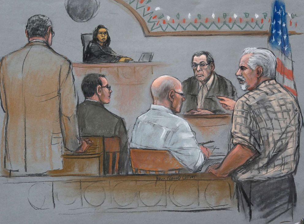 PHOTO: This courtroom sketch depicts Steve Davis, right, brother of homicide victim Debra Davis, allegedly killed by James Whitey Bulger, center, at U.S. District Court in Boston, July 22, 2013.