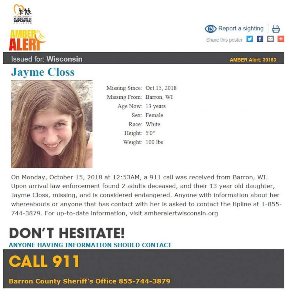 PHOTO: Police declared Jayme Closs, of Wisconsin, missing and endangered after finding her parents dead on Monday, Oct. 16, 2018.